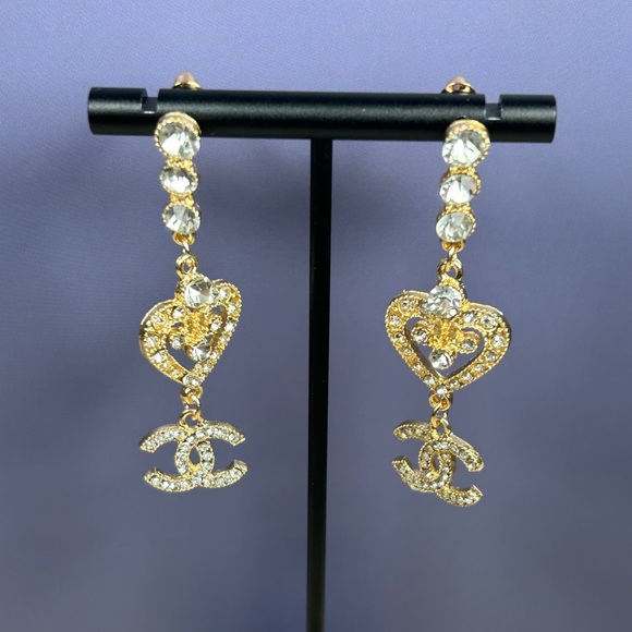 Gold & Rhinestone Heart Drop Earrings - Picture 3 of 5